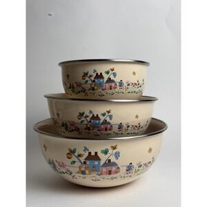 Vintage Heartland International Metal Mixing Bowl Set Farmhouse Cream Set of 3